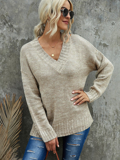 Khaki Drop Shoulder V-Neck Knit Pullover Sweater