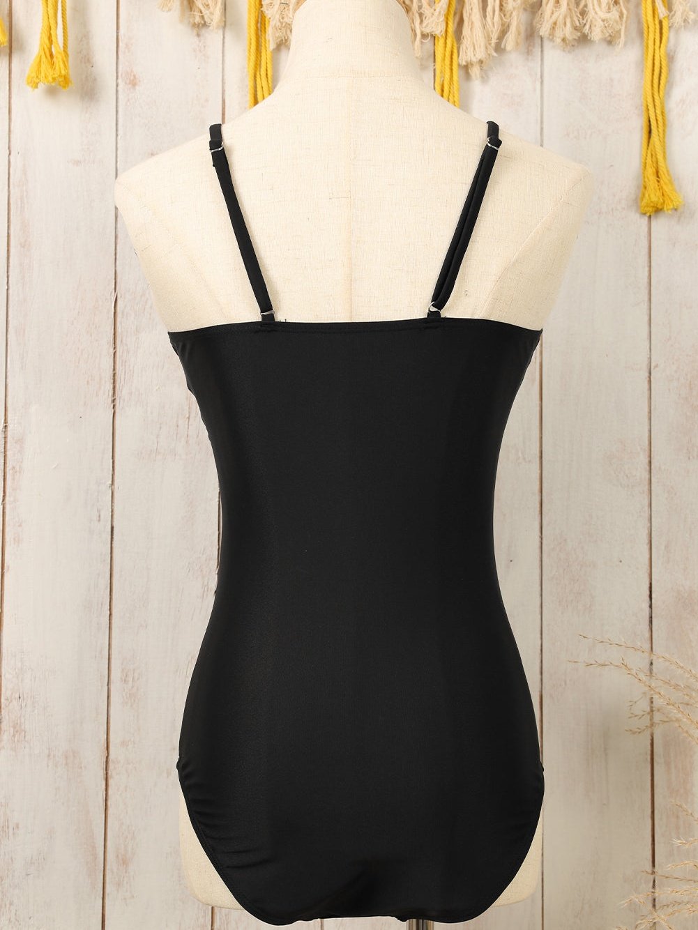 Elegant Black Metal Embellished One-Piece Swimsuit with Spaghetti Straps