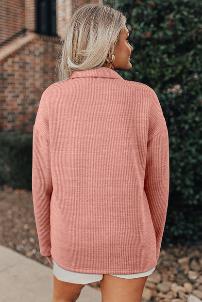 Gossamer Pink Ribbed Knit Buttons Front Flap Pocket Casual Shacket