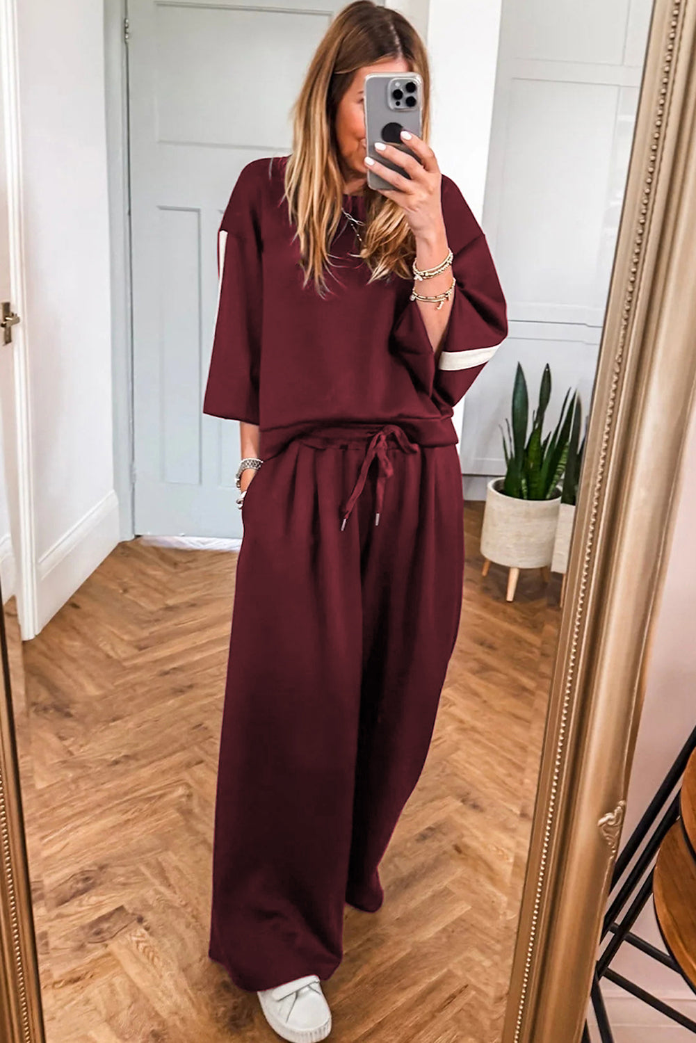 Burgundy Varsity Striped 3/4 Sleeve Pullover Drawstring Sweatpants Set