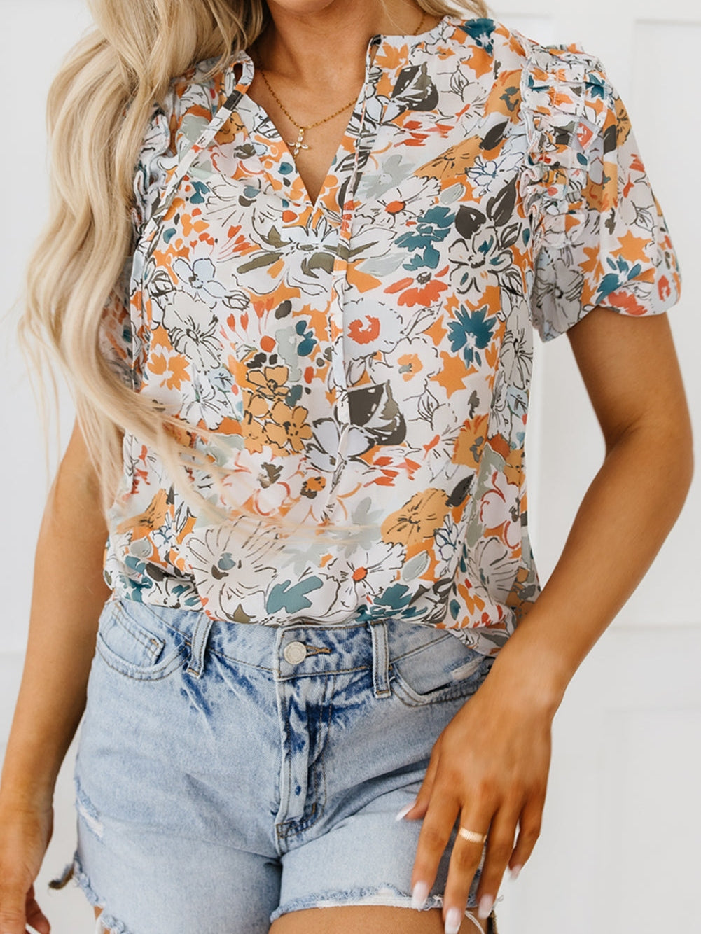 Floral Print Split V Neck Puff Sleeve Blouse