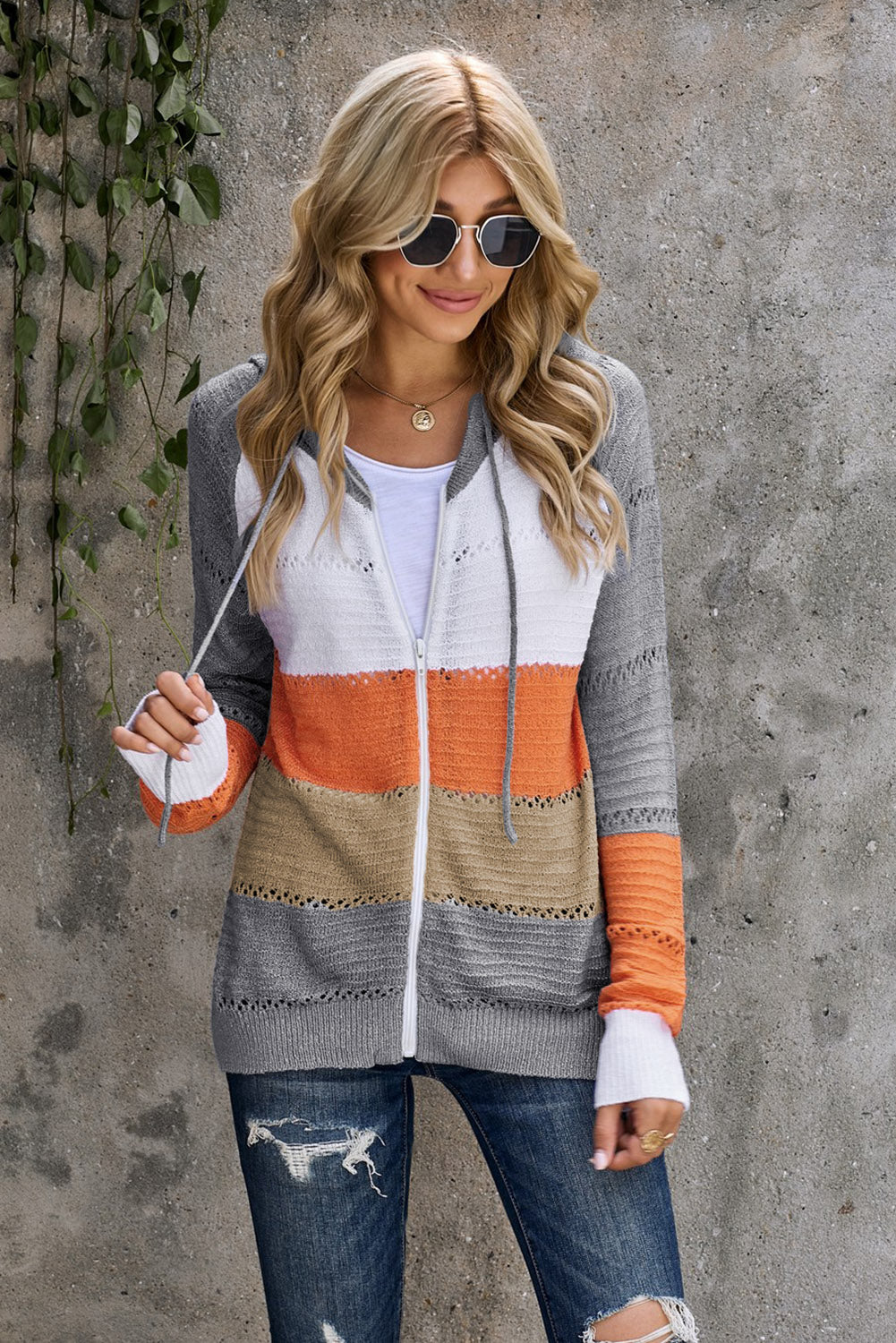 Gray Colorblock Knit Hoodie with Zipper Detail