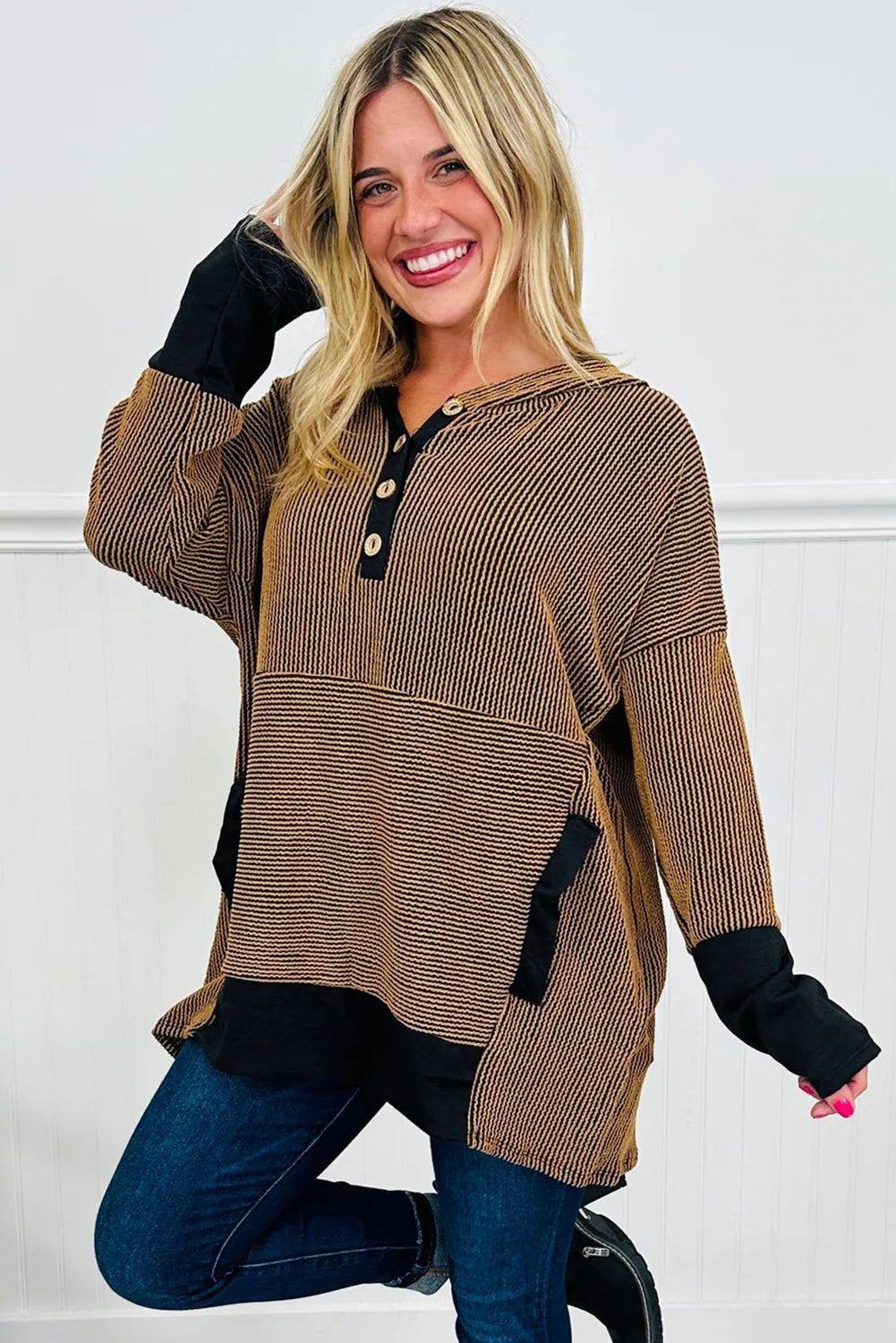 Brown Twisted Ribbed Color Block Patchwork Hooded Oversize Long Sleeve Top