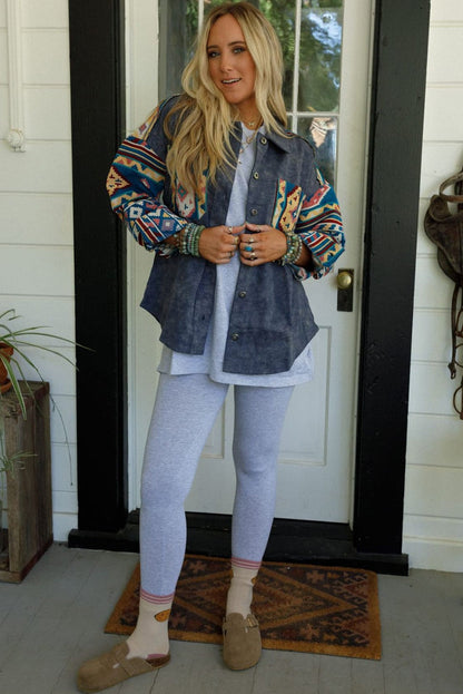 Dirty blue Aztec Print Patchwork Button Down Corduroy Shacket
