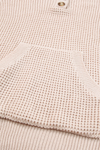 Apricot Hooded Waffle Knit Sweater with Button-Up Front Pocket