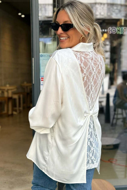 White Single Chest Pocket Lace Splicing Knot Open Back Tunic Shirt