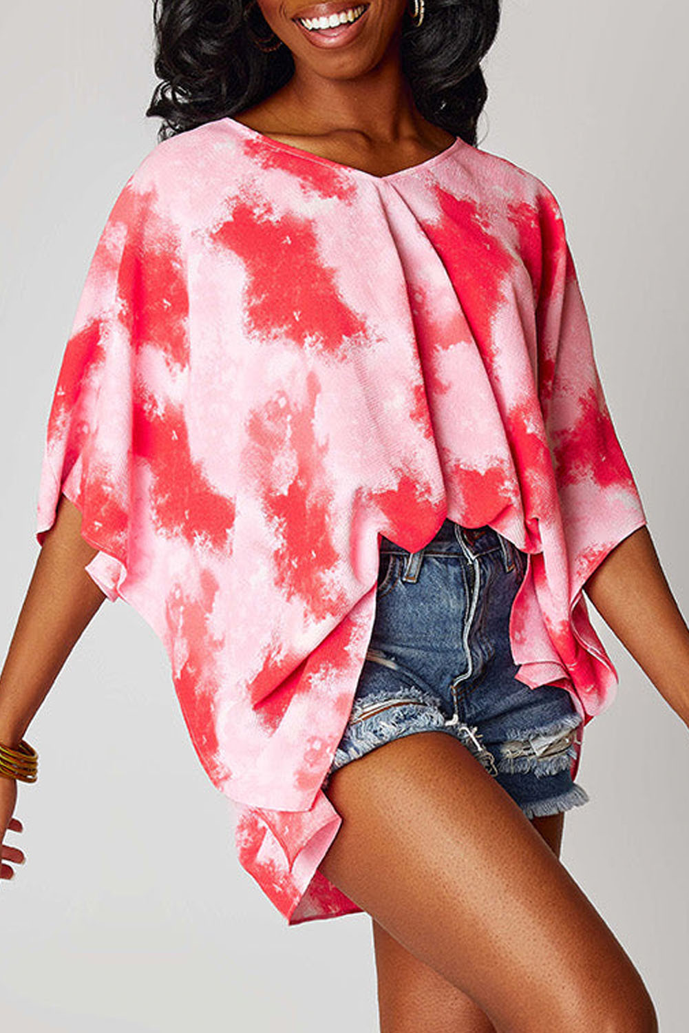 Crimson Tie-Dye Oversized 3/4 Sleeve Tunic Blouse