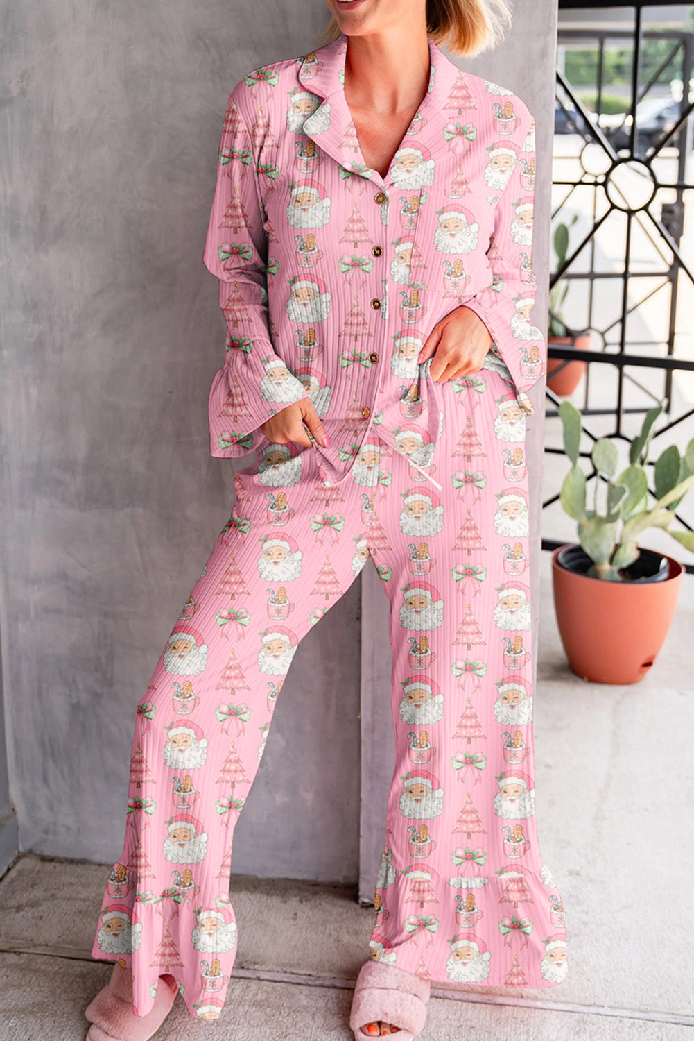 Pink Christmas Print Ribbed Shirt Ruffled Cuffs 2pcs Pajama Pant Set
