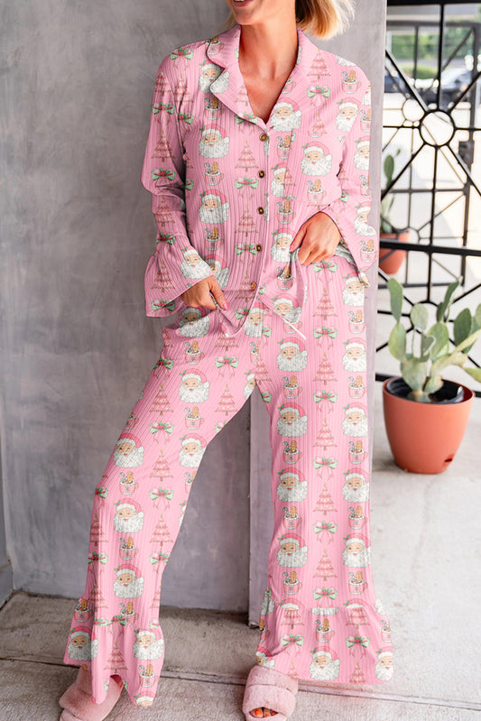 Pink Christmas Print Ribbed Shirt Ruffled Cuffs 2pcs Pajama Pant Set