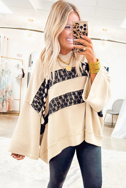 Beige Waffle Textured Exposed Seam Contrast Floral Lace Patchwork Sweatshirt