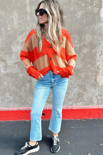 Orange Color Block Buttoned V Neck Loose Fit Cardigan