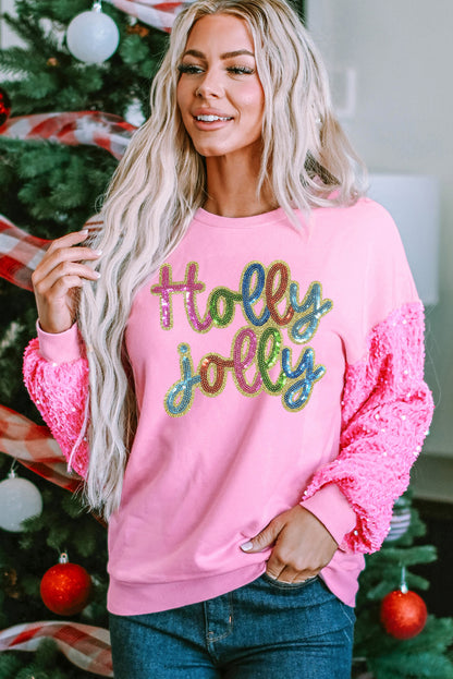 Pink Holly Jolly Sequin Letter Graphic Drop Shoulder Patchwork Long Sleeve Top