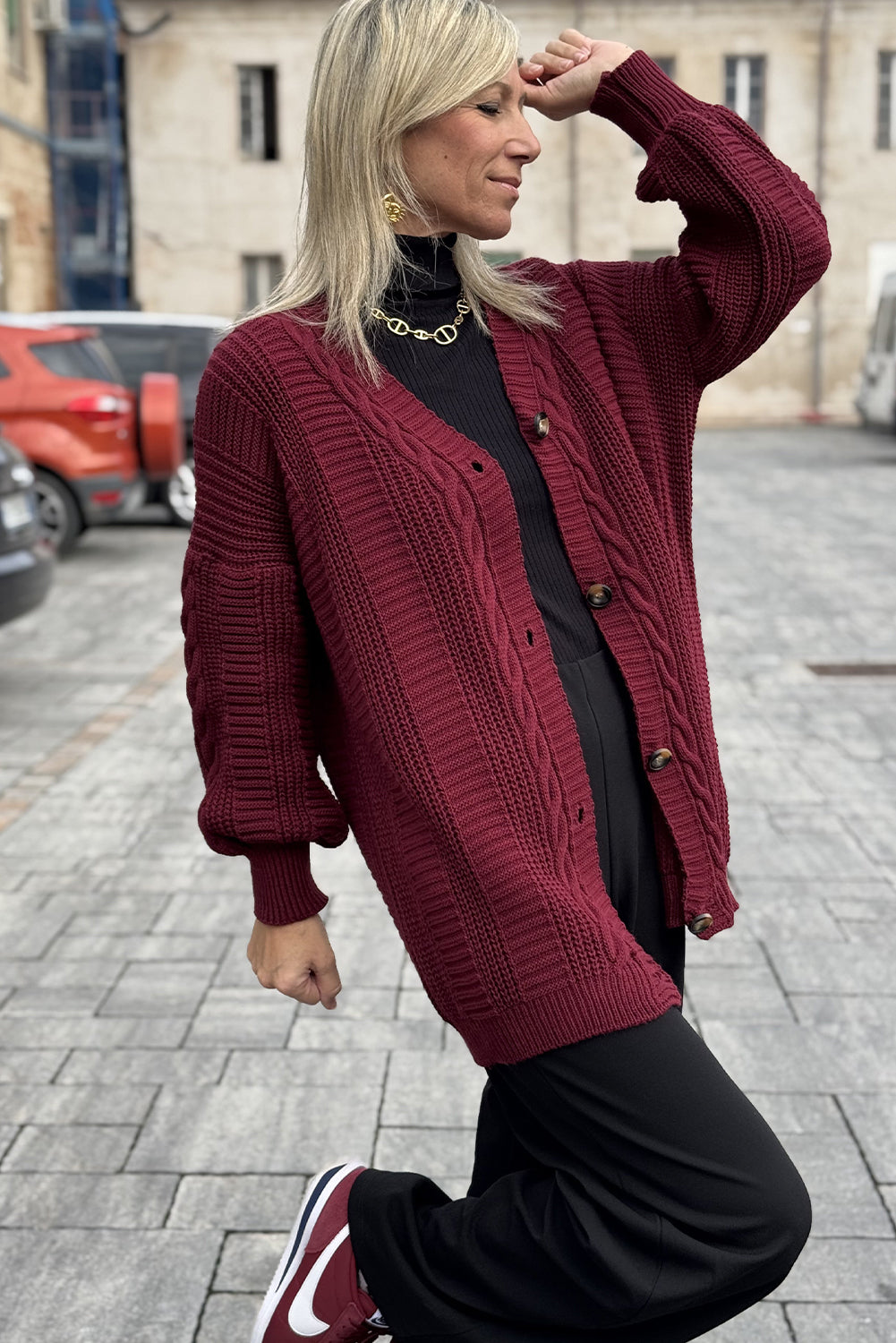 Burgundy Cable Knit Button V Neck Oversize Sweater Cardigan