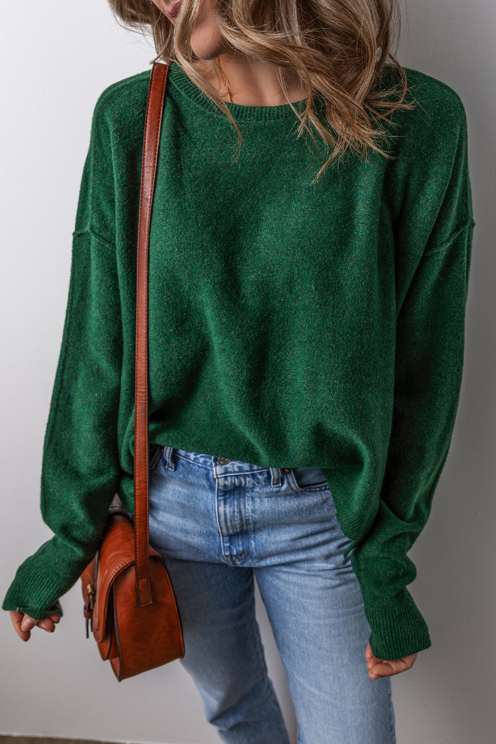 Blackish Green Plain Drop Sleeve Crew Neck Loose Sweater