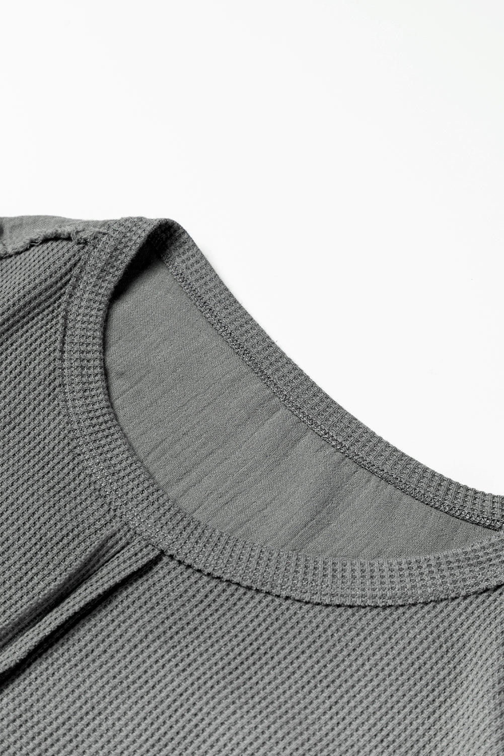 Gray Crinkled Texture Patchwork Waffle Knit Top with Bubble Sleeves