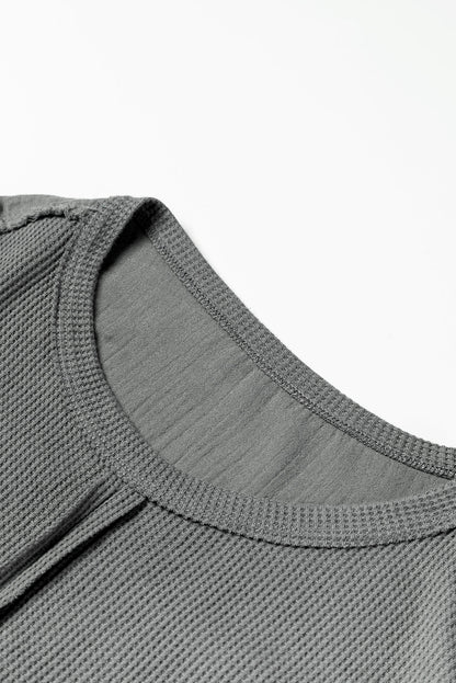 Gray Crinkled Texture Patchwork Waffle Knit Top with Bubble Sleeves