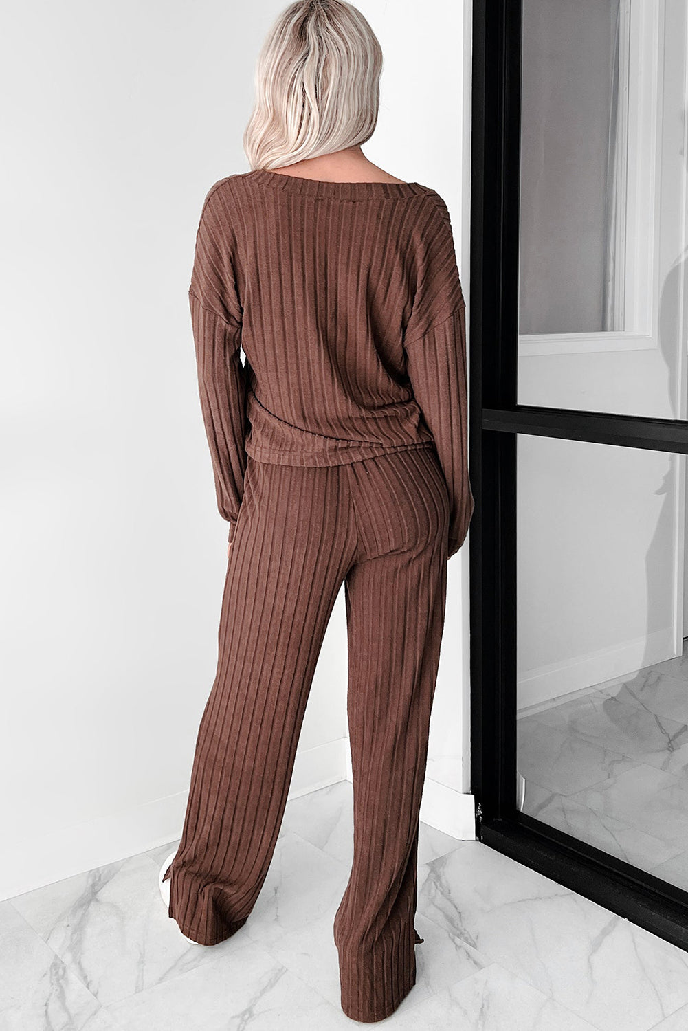 Coffee Wide Rib Knit Drop Shoulder V Neck Pullover Loose Pants Set