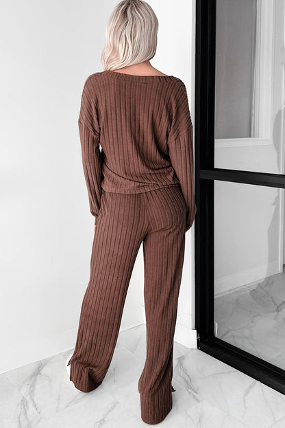 Coffee Wide Rib Knit Drop Shoulder V Neck Pullover Loose Pants Set
