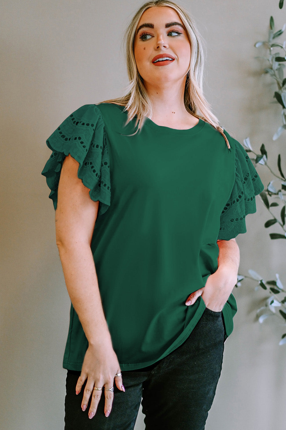 Green Eyelet Flutter Sleeve Plus Size Top