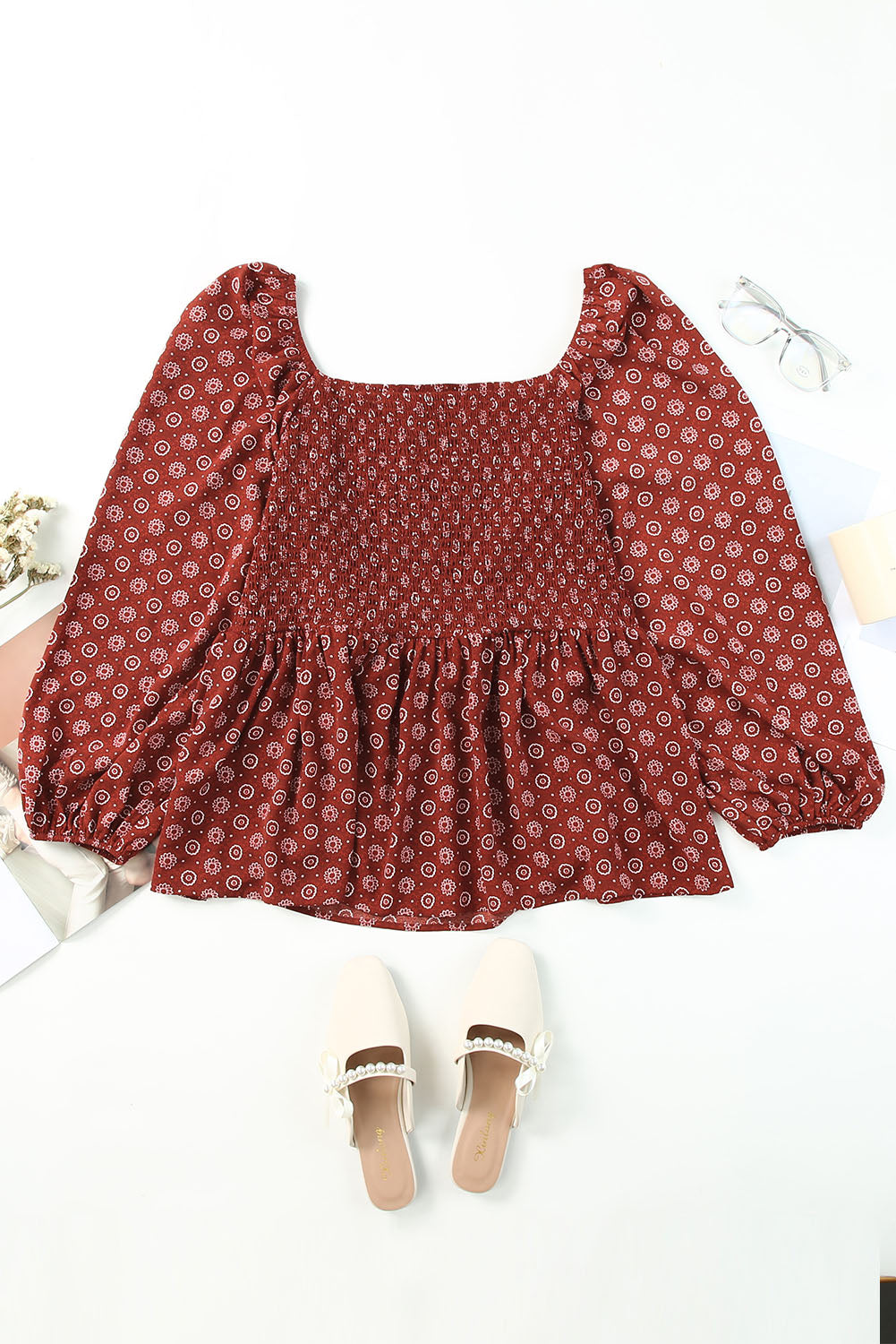 Fiery Red Plus Size Square Neck Printed Peplum Top