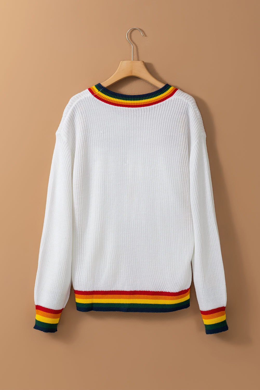 Festive White Stripes Trim Sweater with Merry & Bright Detail