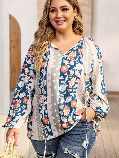 Multicolor Plus Size Mixed Print Split Neck Blouse