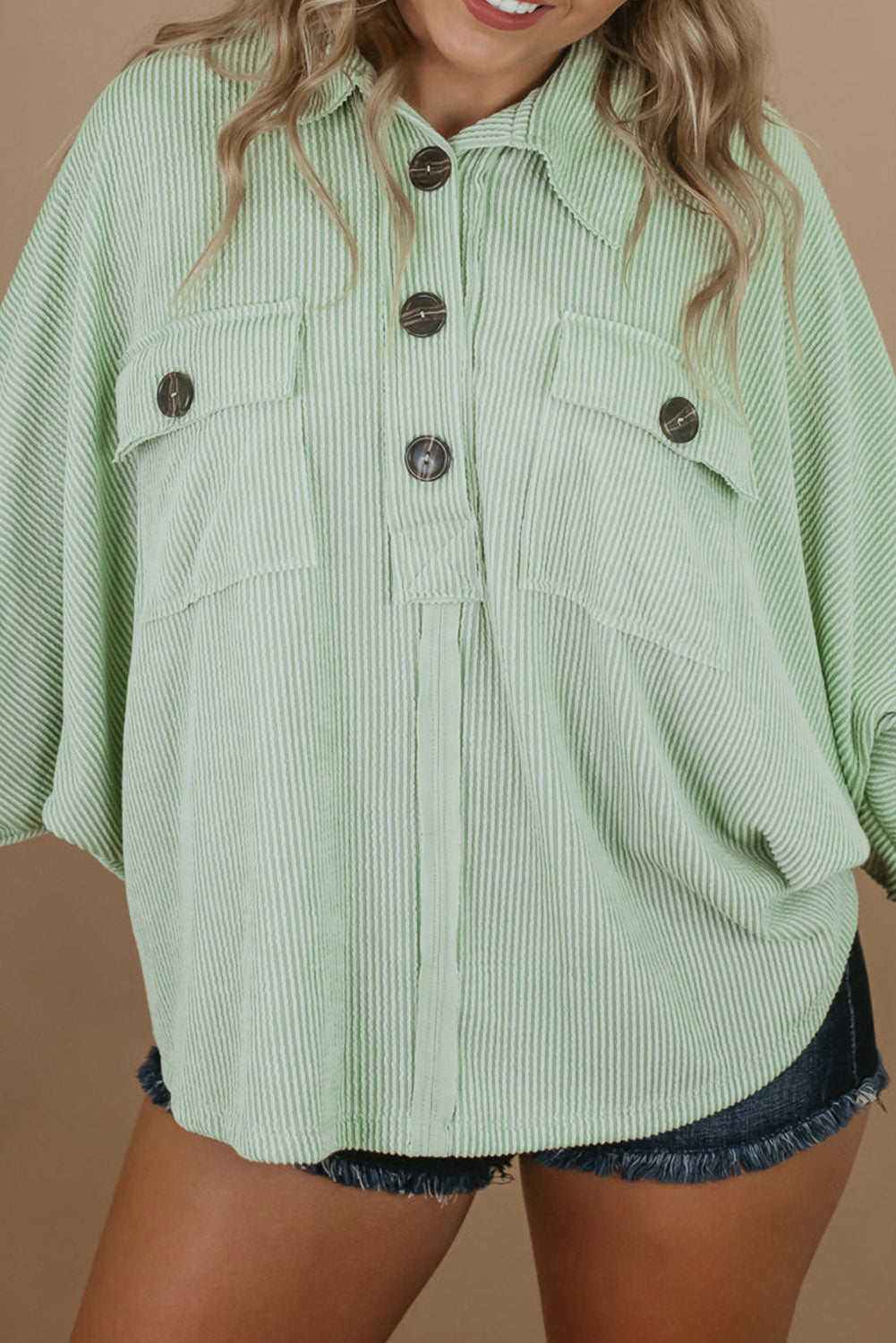 Sage Oversized Ribbed Henley Top with Pockets