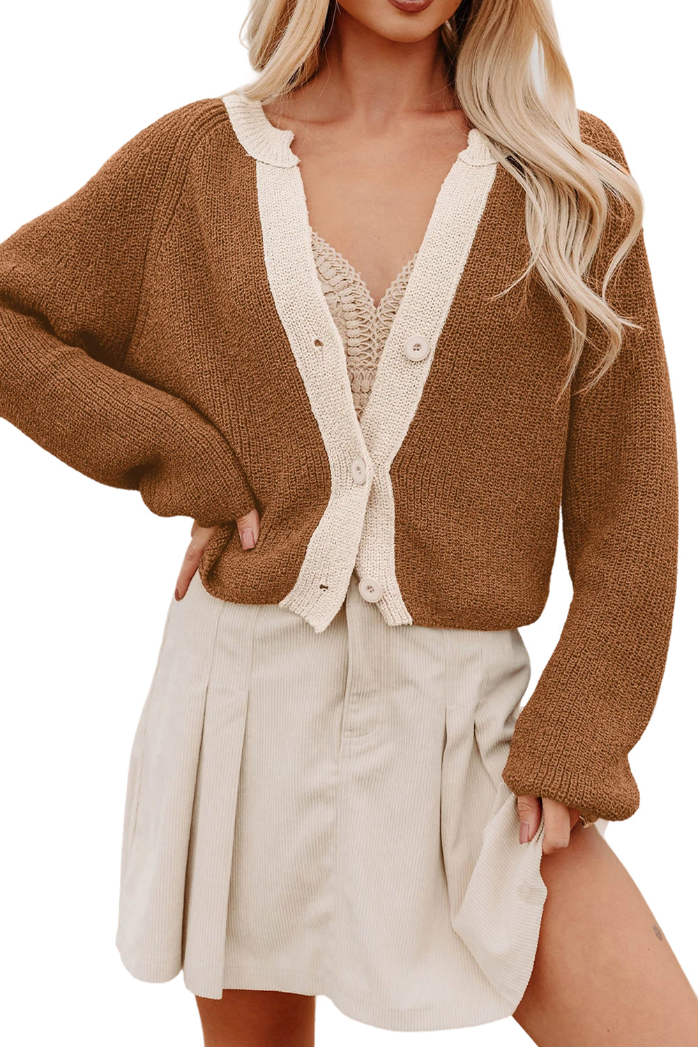 Chestnut Contrast Knit V Neckline Short Cardigan