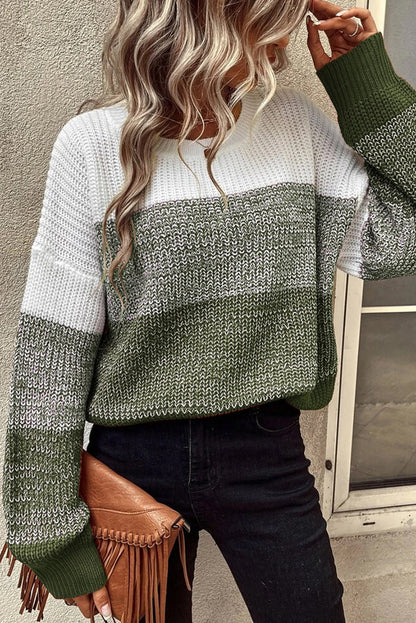 Green Gradient Color Block Round Neck Drop Shoulder Sweater with Ribbed Trim