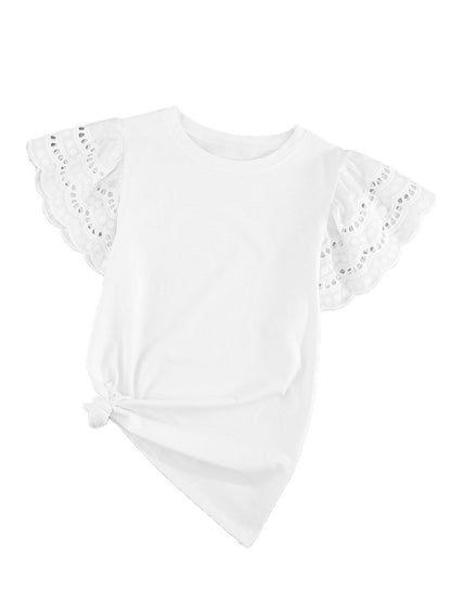 Elegant White Ruffle Sleeve Tee with Cut-Out Design