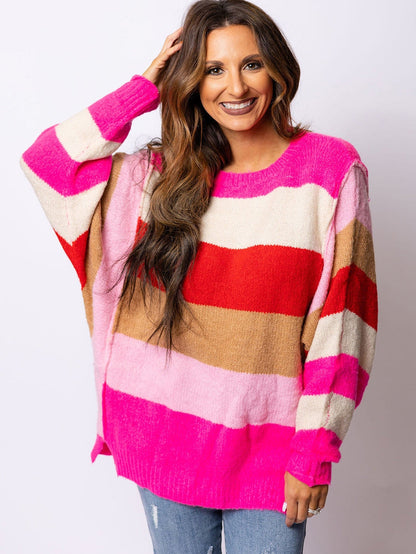 Fiery Red Mix Horizon Stripes Dolman Sleeve Pullover Sweater