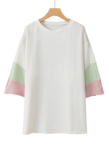 White Ribbed Colorblock Plus Size T-Shirt
