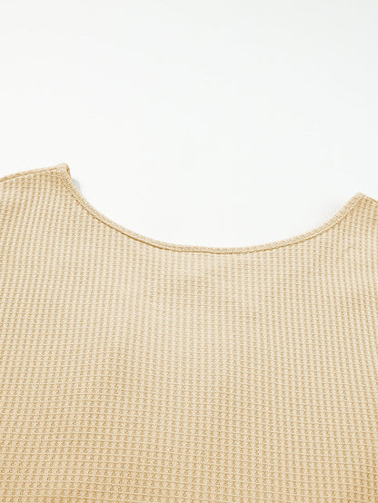 Apricot Sequin Patchwork Waffle Knit Open Back Top with Long Sleeves