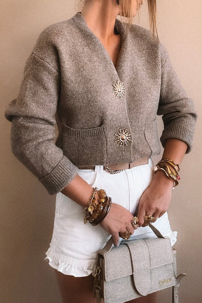 Simply Taupe Sun Goddess Metal Button V Neck Loose Sweater Cardigan