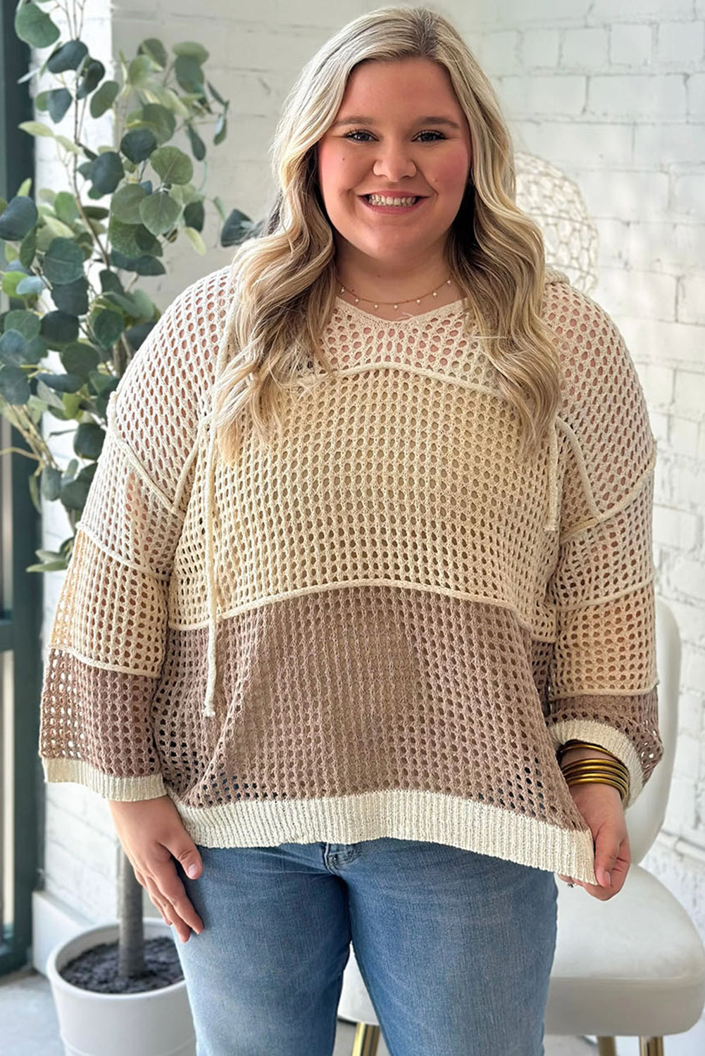 Parchment Colorblock Hollowed Knit Plus Size Hooded Jumper