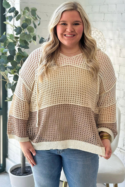 Parchment Colorblock Hollowed Knit Plus Size Hooded Jumper