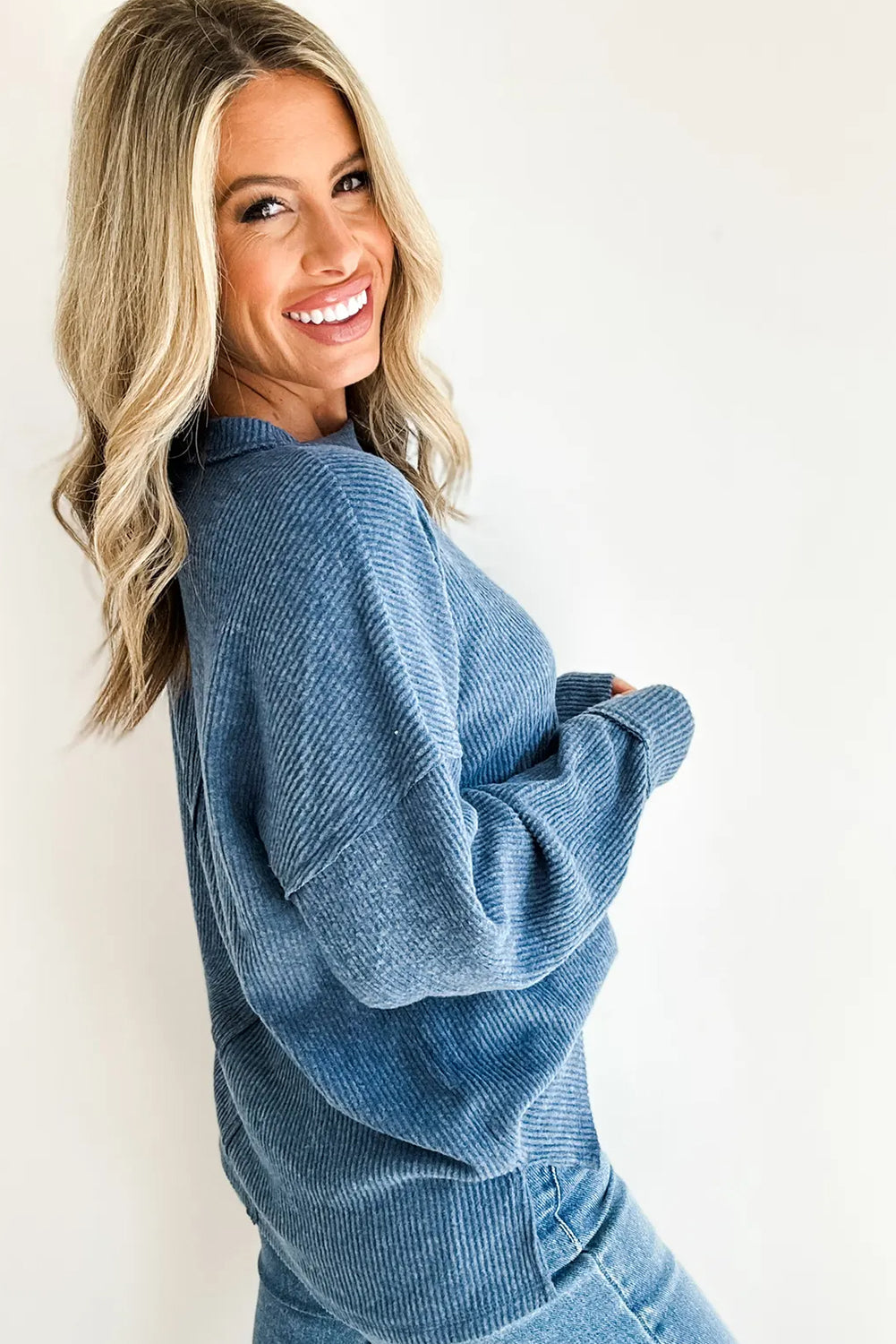 Dusk Blue Solid Color Ribbed Knit Raw Seam Long Sleeve Top