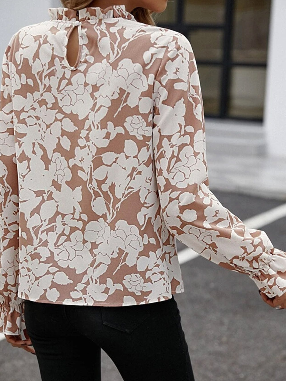 French Beige Floral Print Ruffle Neckline Flounce Sleeve Top