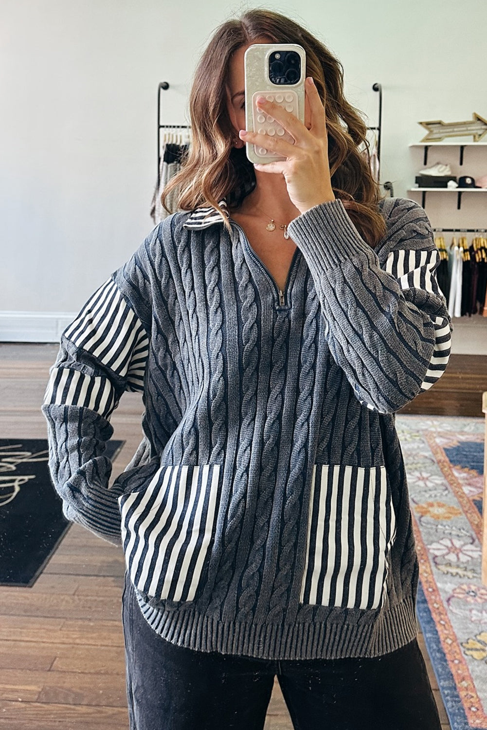 Sleet Cable Knit Striped Patchwork Collar Zipped Pullover Sweater