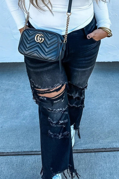 Black Asymmetric Distressed Raw Hem Cowgirl Jeans