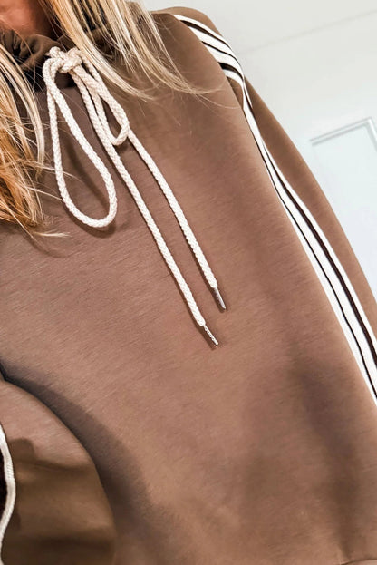 Chestnut Preppy Striped Detail Drawstring Baggy Hoodie