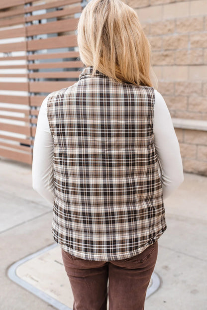 Brown Retro Plaid Print Snap Button Stand Neck Vest