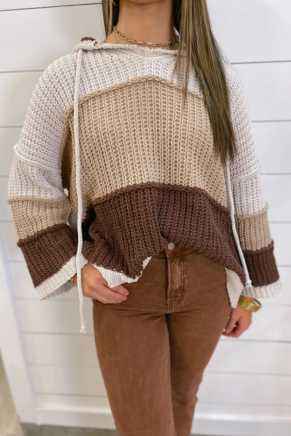 Brown Color Block Patchwork Knit Drawstring Hooded Baggy Sweater