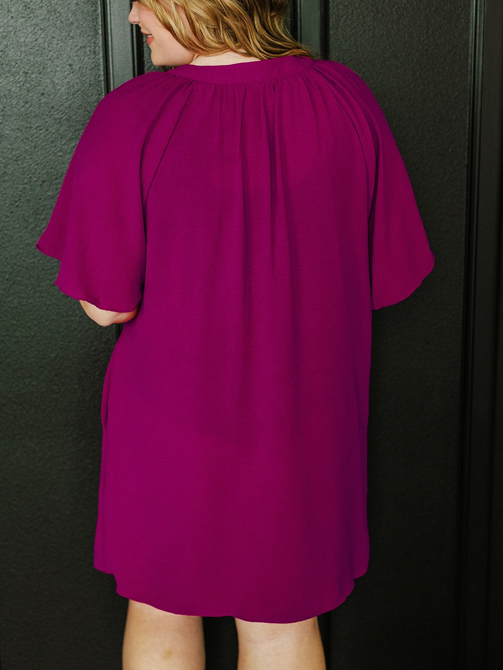 Rose Red Notched Neck Wide Sleeve Pleated Plus Size Dress