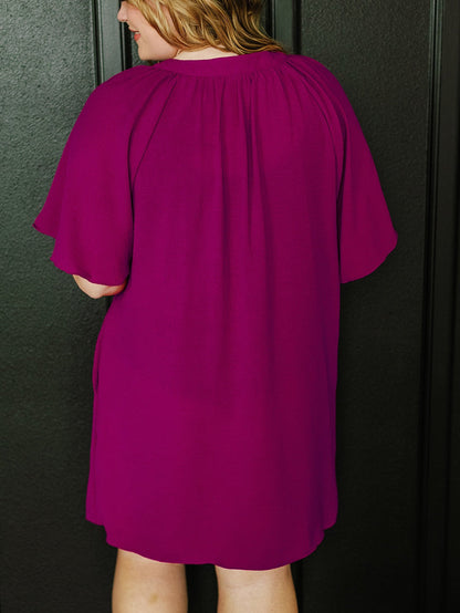 Rose Red Notched Neck Wide Sleeve Pleated Plus Size Dress