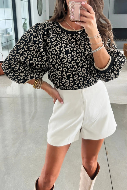 Black Leopard Print 3/4 Puff Sleeve Contrast Trim Round Neck Blouse