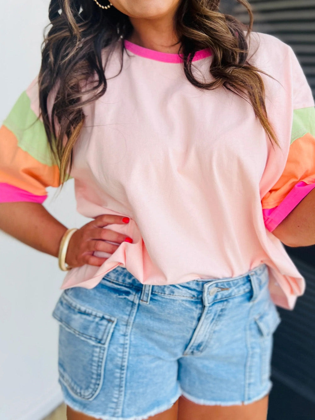 Sweet Pink Color Block Plus Size Tee with Half Sleeves