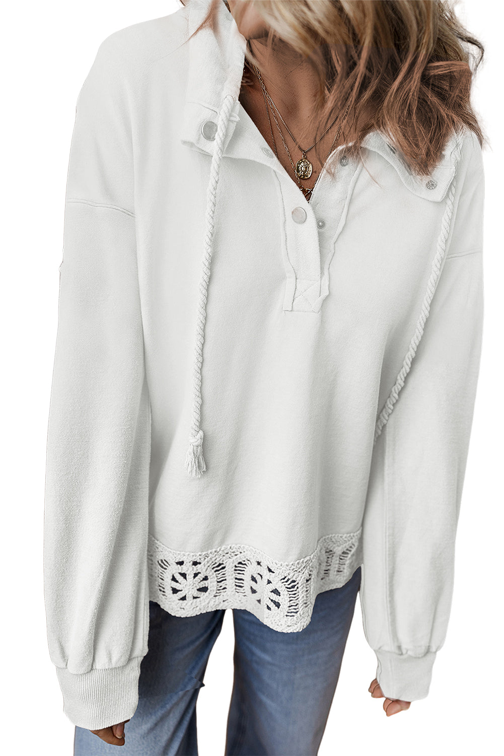 White Button Stand Neck Lace Hem Patchwork Drop Shoulder Sweatshirt