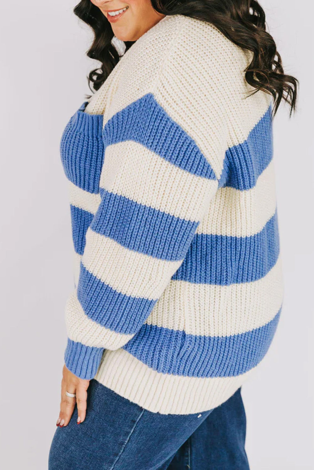 Sky Blue Stripe Plus Size Round Neck Patch Pocket Drop Shoulder Sweater
