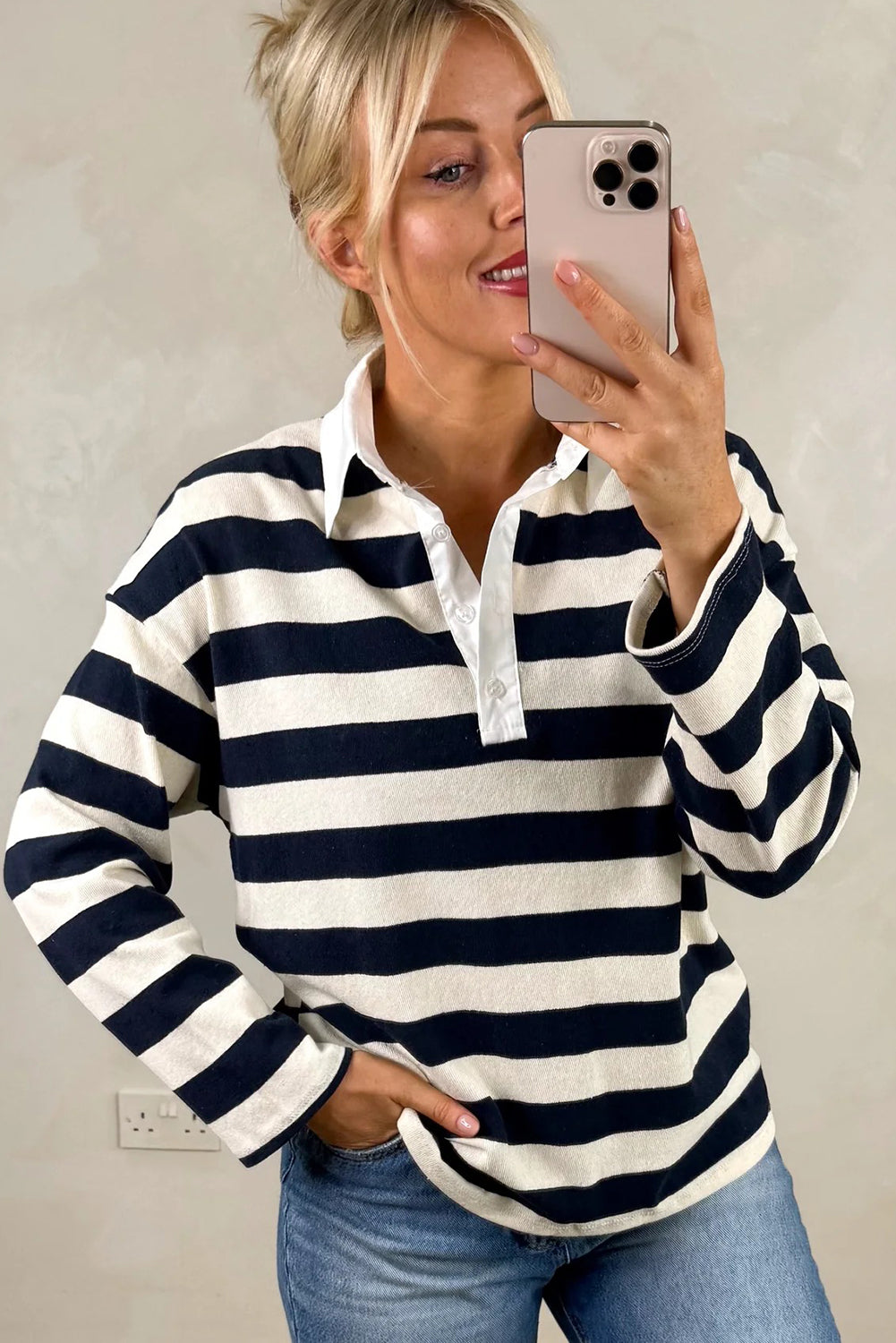 Blue Stripe Contrast Shirt Collar Patchwork Long Sleeve Top
